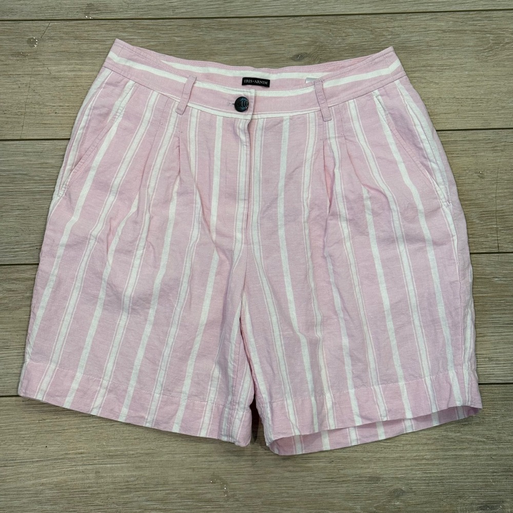 Iris von Arnim Pink White Striped Linen Cotton Pleated Shorts Women's 34 EUC